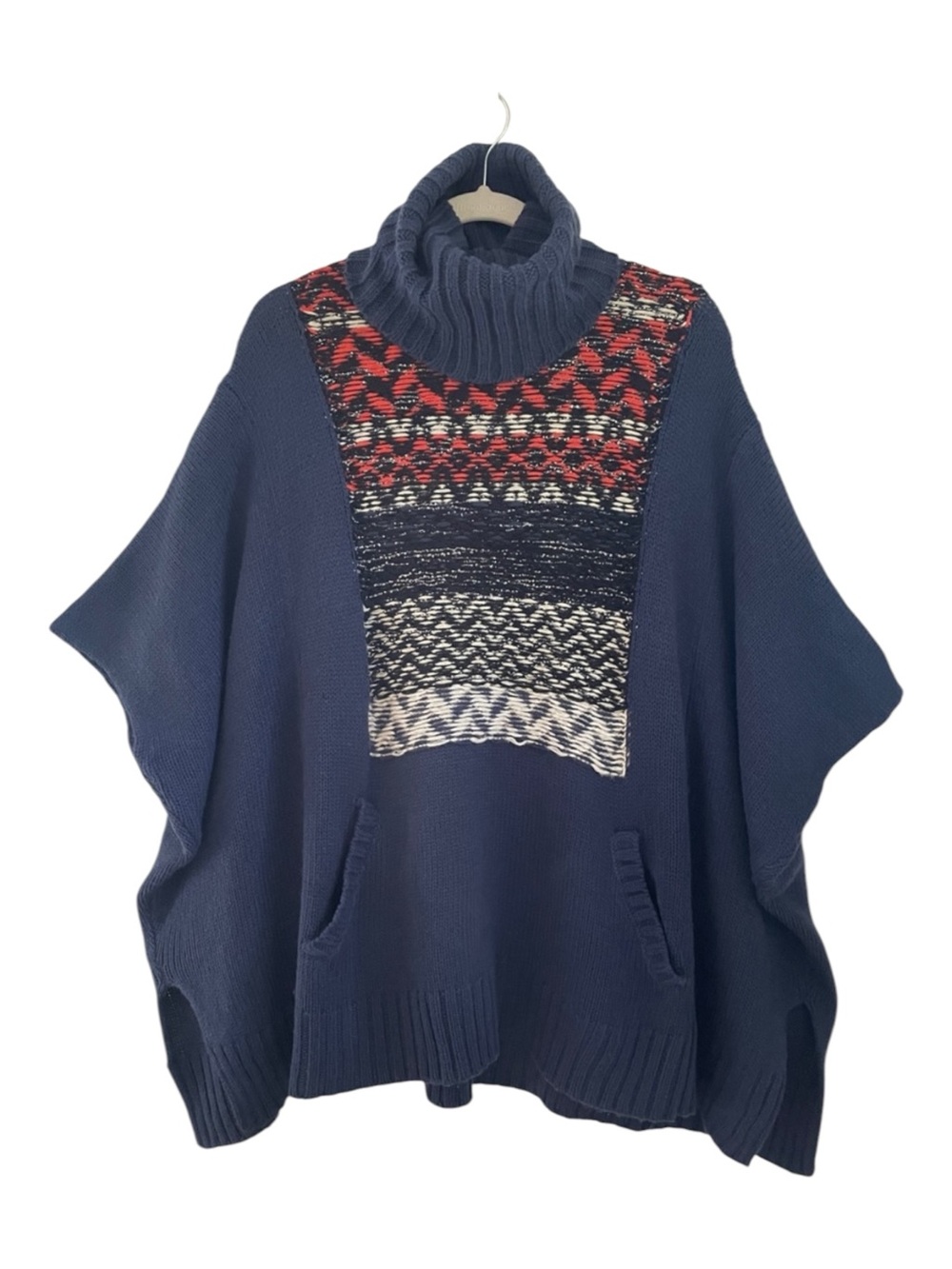 Miss Me Women’s Navy High Neck Poncho Sweater with Fair Isle Panel S/M